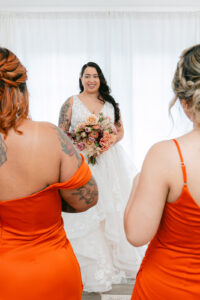 Bridesmaid reveal for first look in bridal suite