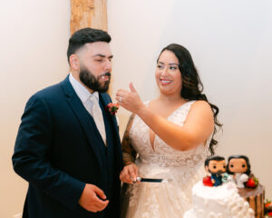 Bride and groom cutting cake