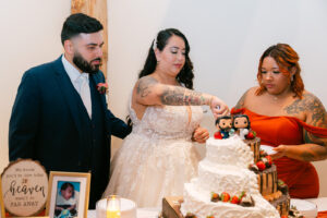 Bride and groom cutting cake